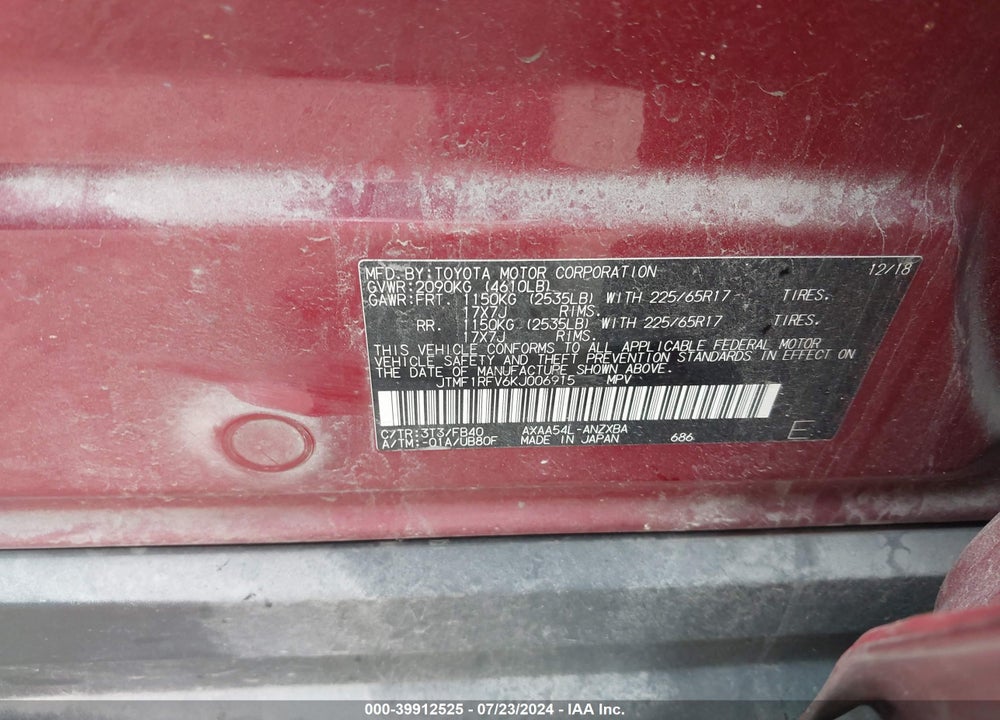 2019 TOYOTA RAV4 VIN: JTMF1RFV6KJ006915
