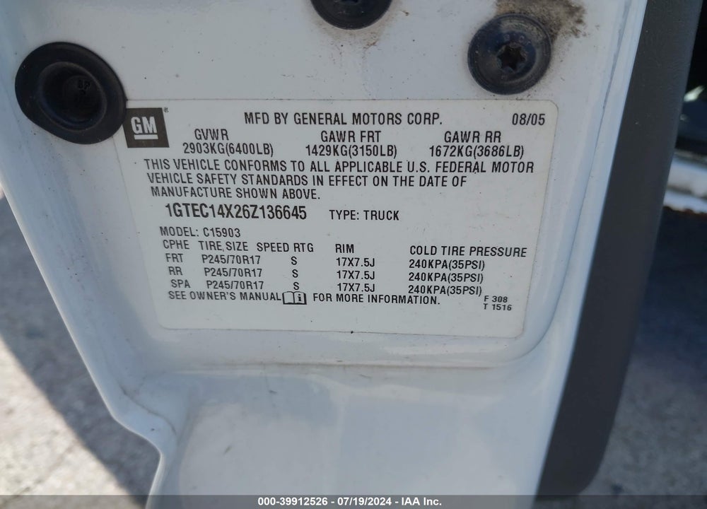 2006 GMC SIERRA 1500 WORK TRUCK VIN: 1GTEC14X26Z136645