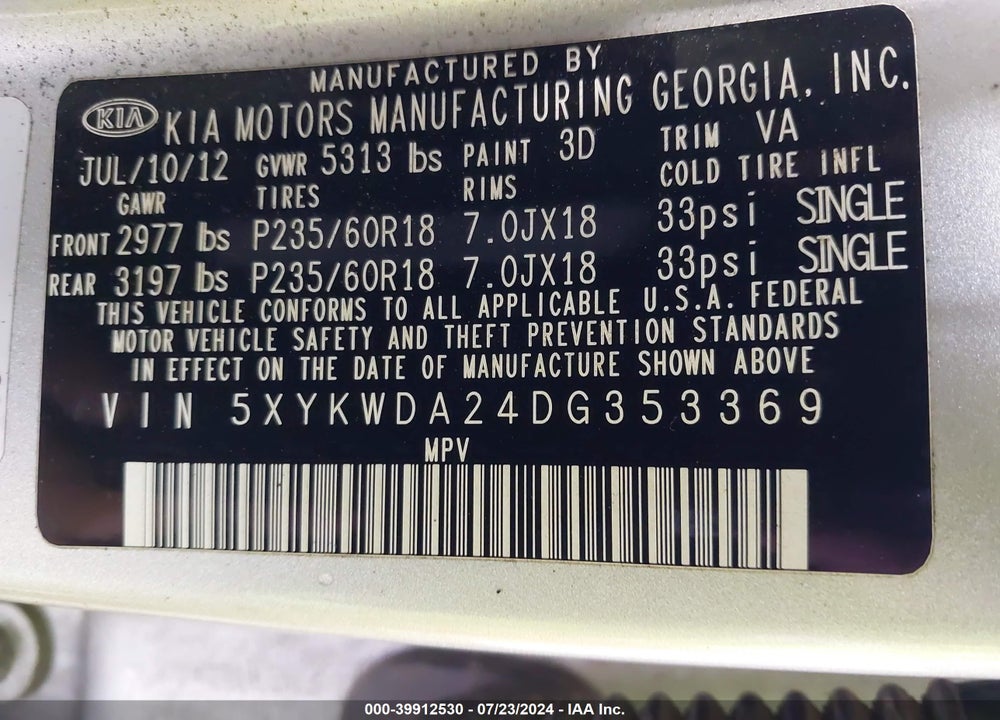 2013 KIA SORENTO SX V6 VIN: 5XYKWDA24DG353369