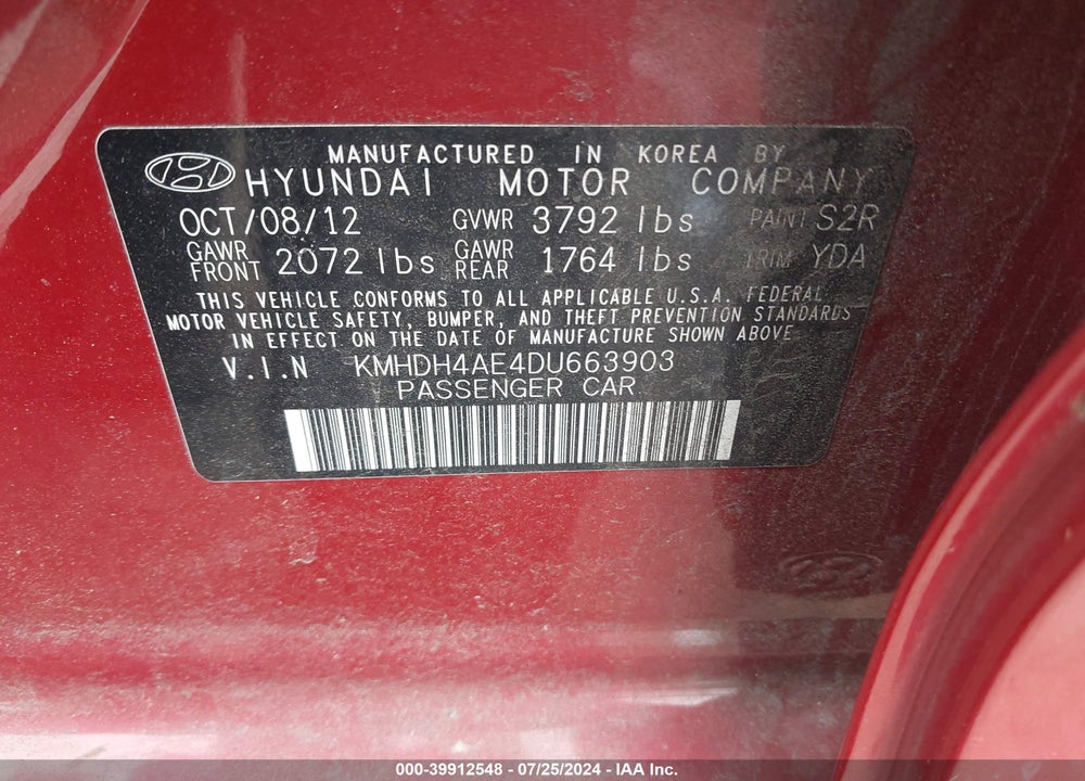 2013 HYUNDAI ELANTRA LIMITED VIN: KMHDH4AE4DU663903