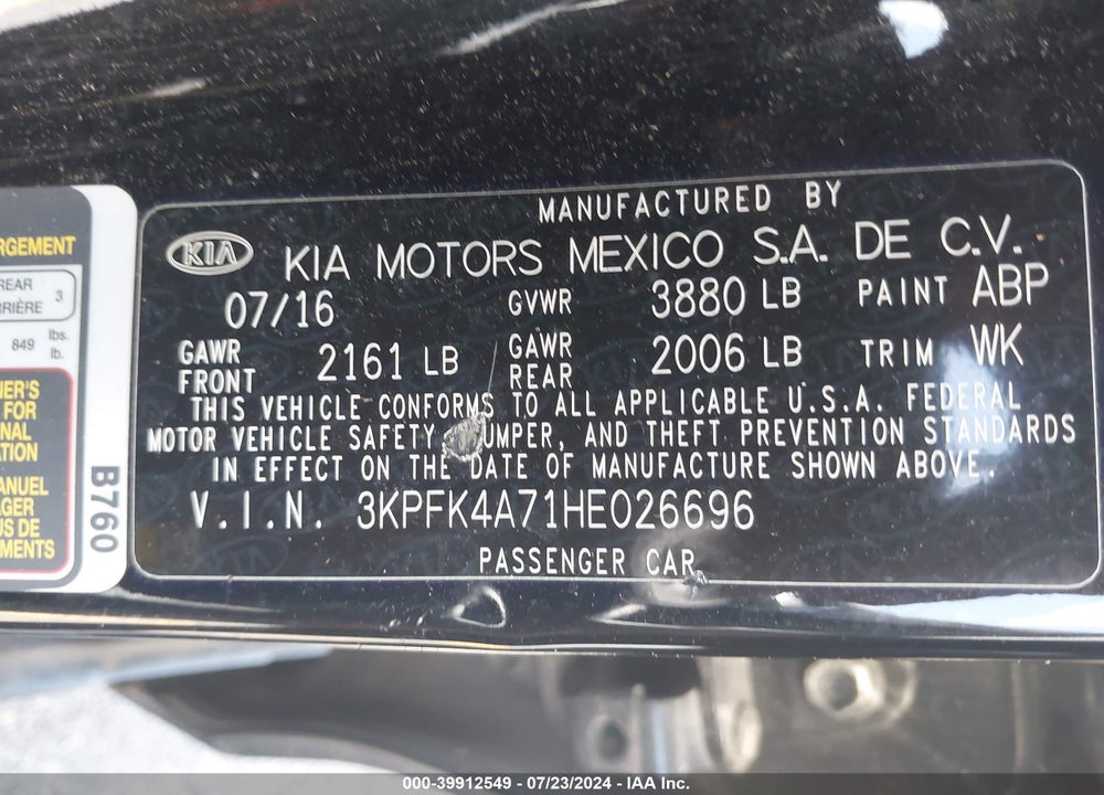 2017 KIA FORTE LX VIN: 3KPFK4A71HE026696
