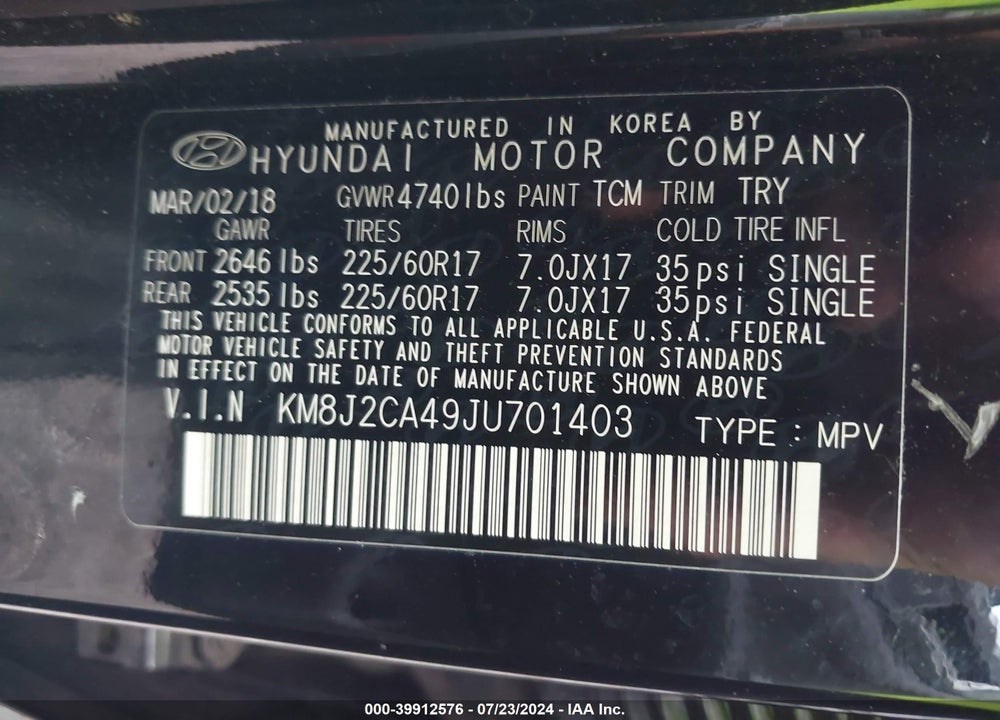 2018 HYUNDAI TUCSON SE VIN: KM8J2CA49JU701403