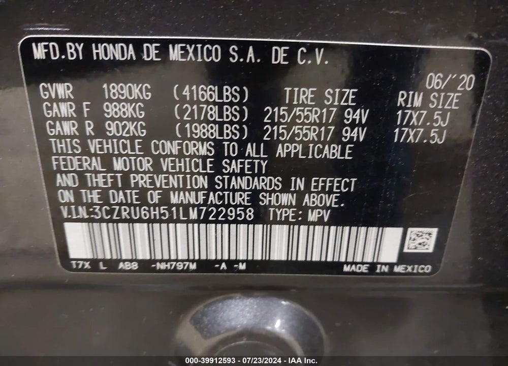 2020 HONDA HR-V AWD EX VIN: 3CZRU6H51LM722958