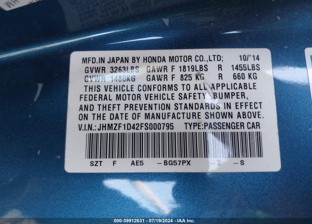2015 HONDA CR-Z VIN: JHMZF1D42FS000795