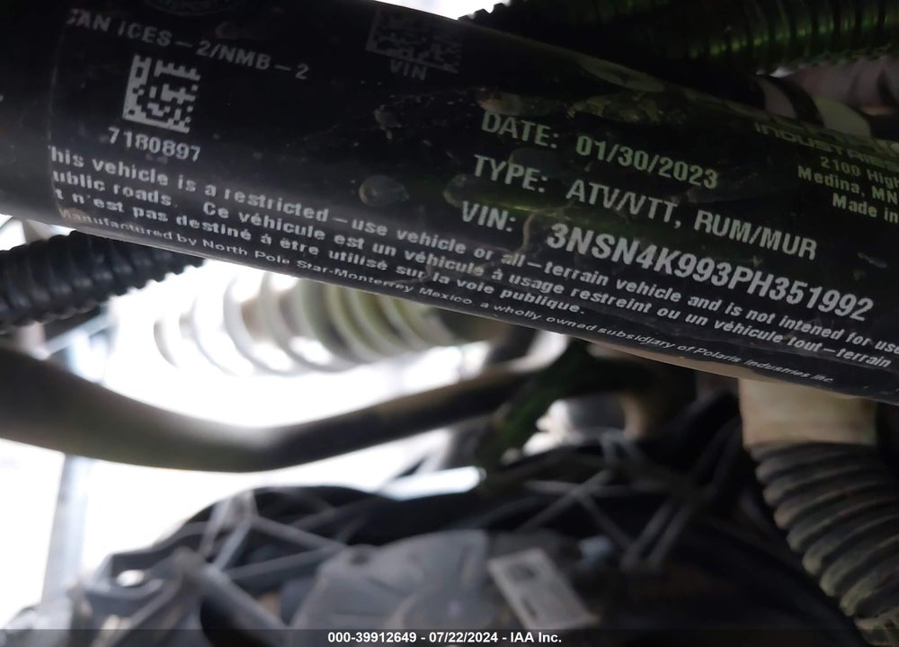 2023 POLARIS RZR XP 4 1000 PREMIUM VIN: 3NSN4K993PH351992