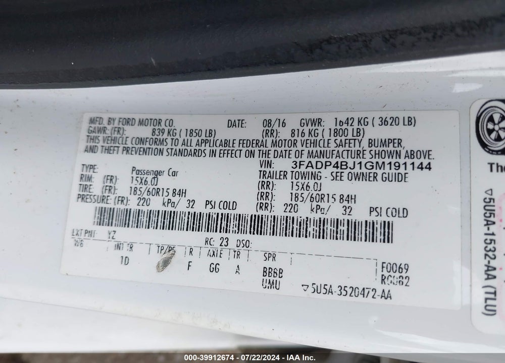2016 FORD FIESTA VIN: 3FADP4BJ1GM191144