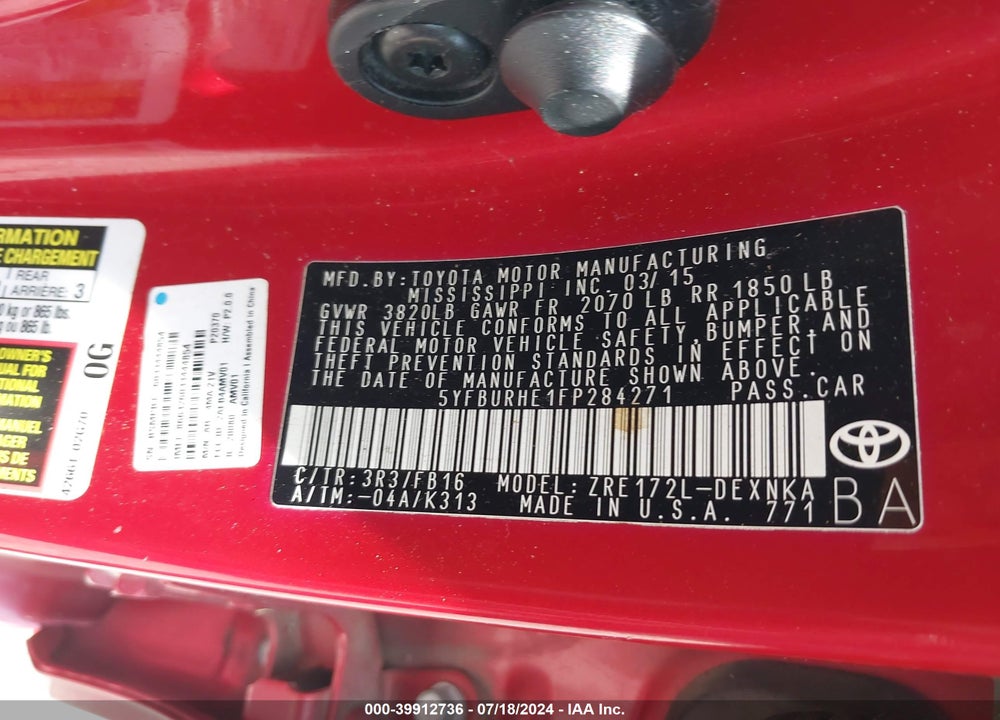 2015 TOYOTA COROLLA LE VIN: 5YFBURHE1FP284271