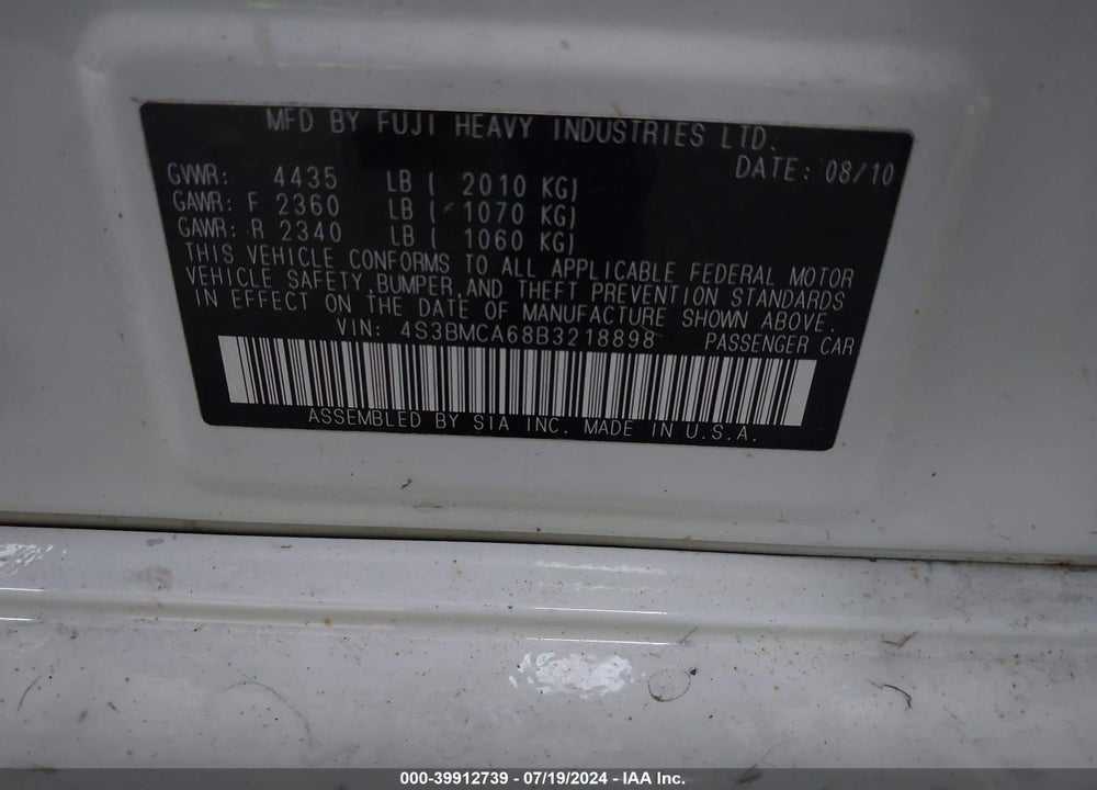 2011 SUBARU LEGACY 2.5I VIN: 4S3BMCA68B3218898