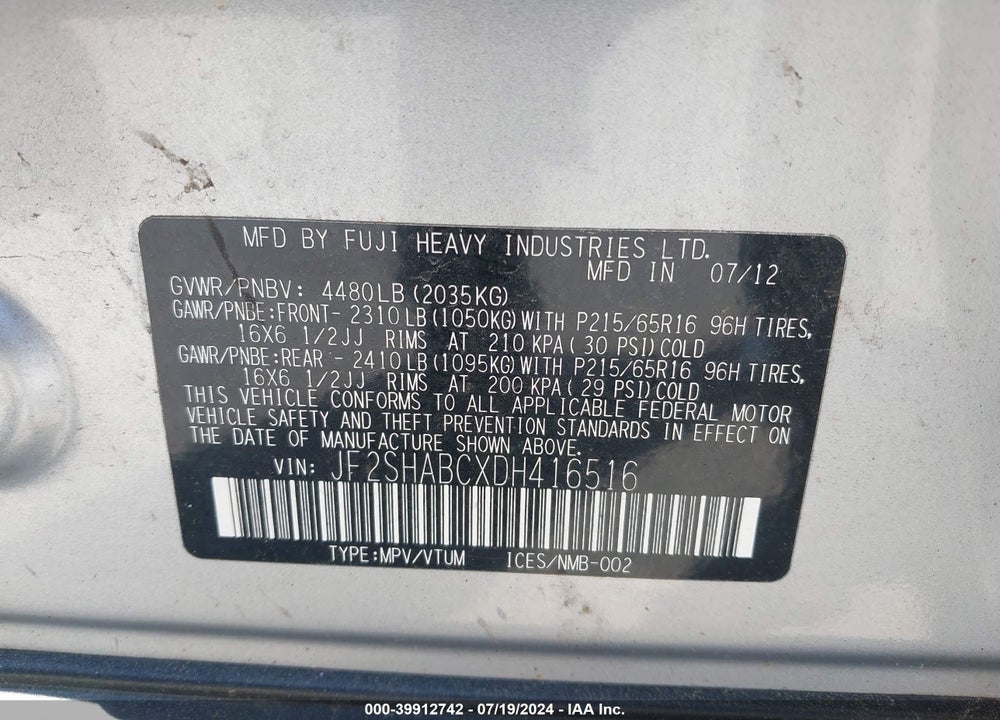 2013 SUBARU FORESTER 2.5X VIN: JF2SHABCXDH416516