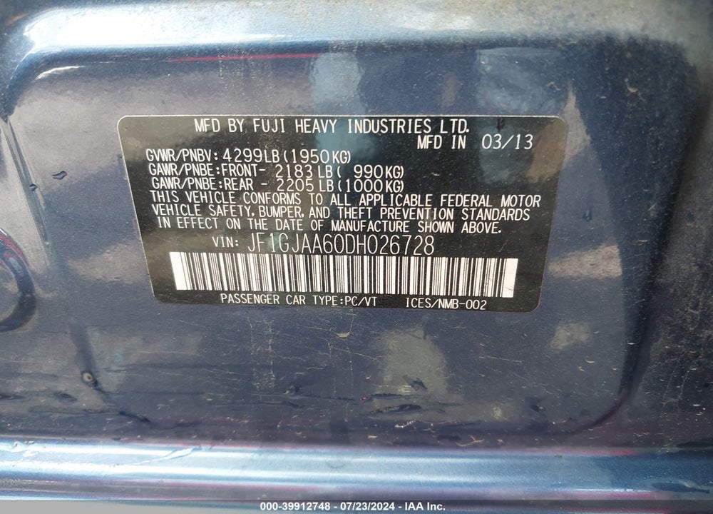 2013 SUBARU IMPREZA 2.0I VIN: JF1GJAA60DH026728
