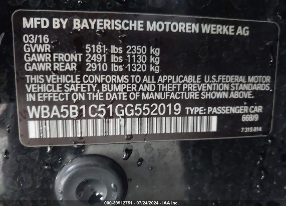 2016 BMW 535I VIN: WBA5B1C51GG552019