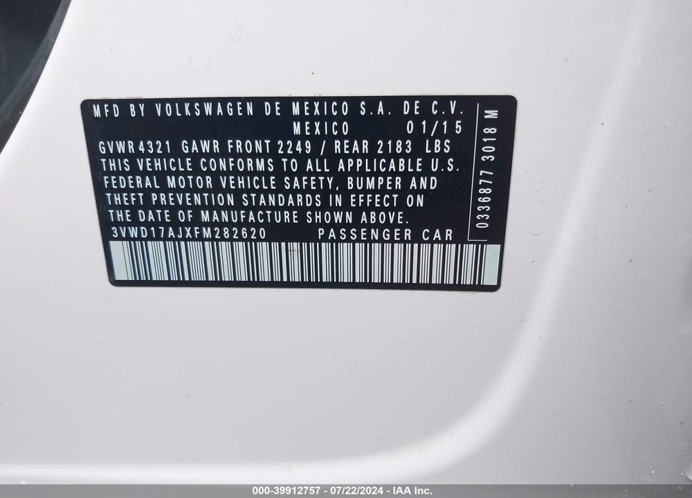 2015 VOLKSWAGEN JETTA 1.8T SE VIN: 3VWD17AJXFM282620