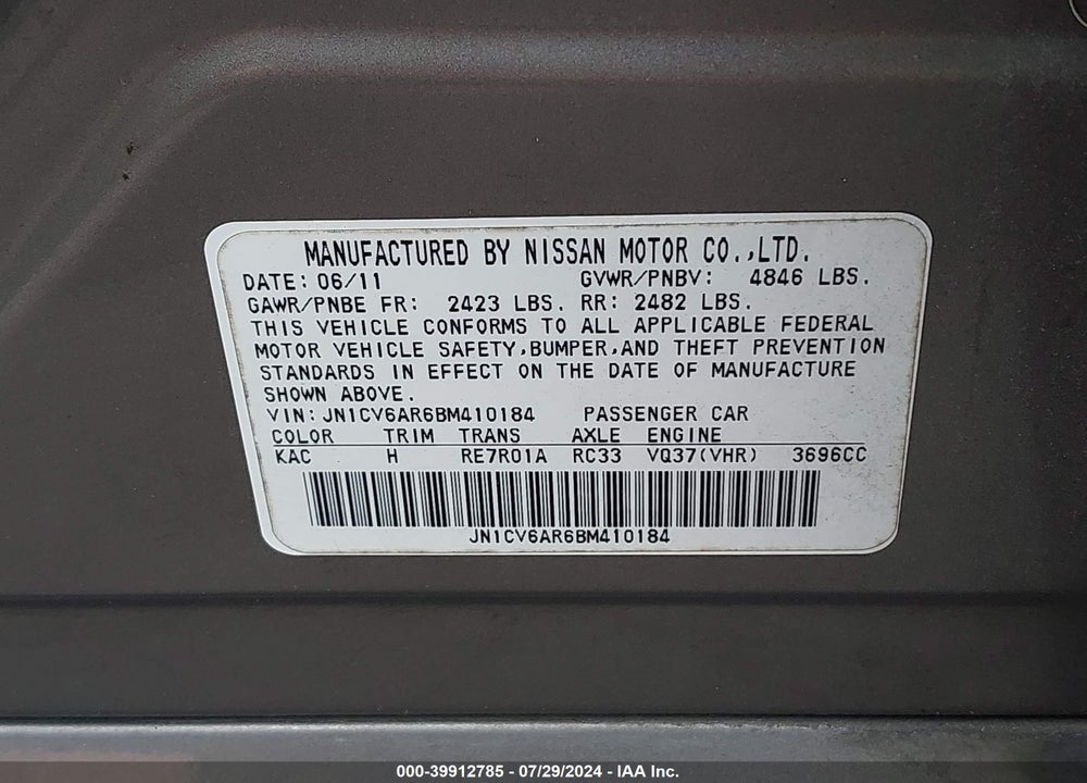 2011 INFINITI G37X VIN: JN1CV6AR6BM410184
