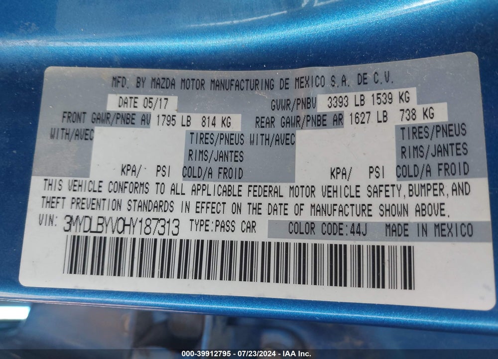 2017 TOYOTA YARIS IA VIN: 3MYDLBYV0HY187313