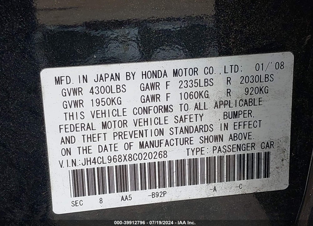 2008 ACURA TSX VIN: JH4CL968X8C020268