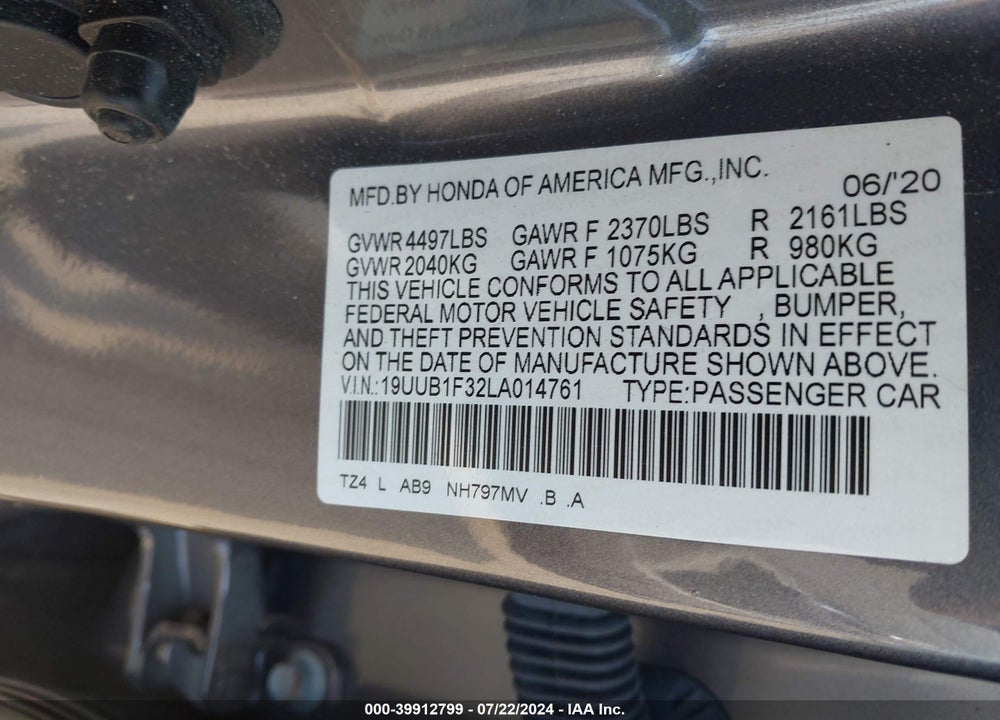 2020 ACURA TLX STANDARD VIN: 19UUB1F32LA014761