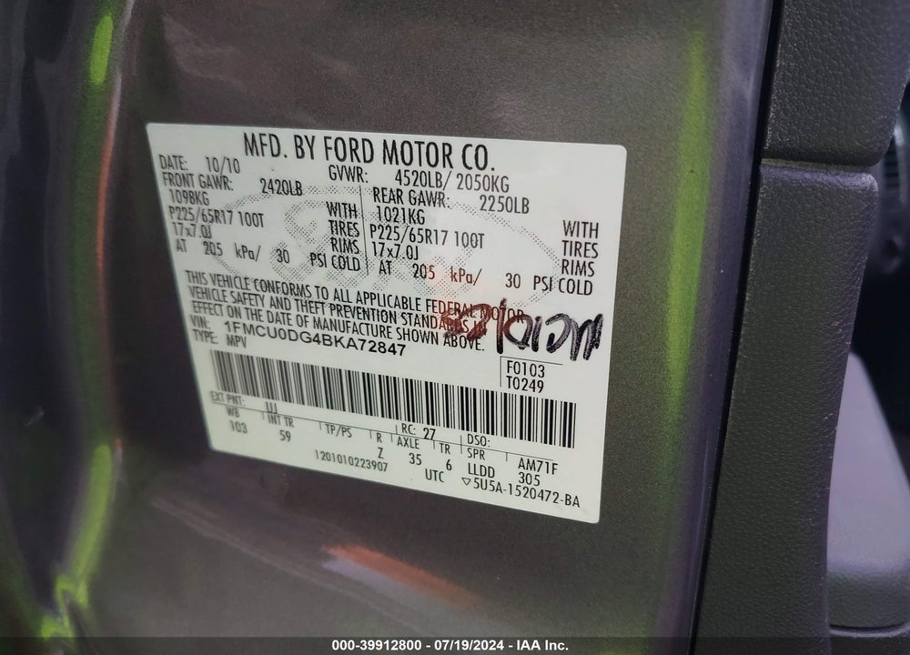 2011 FORD ESCAPE XLT VIN: 1FMCU0DG4BKA72847