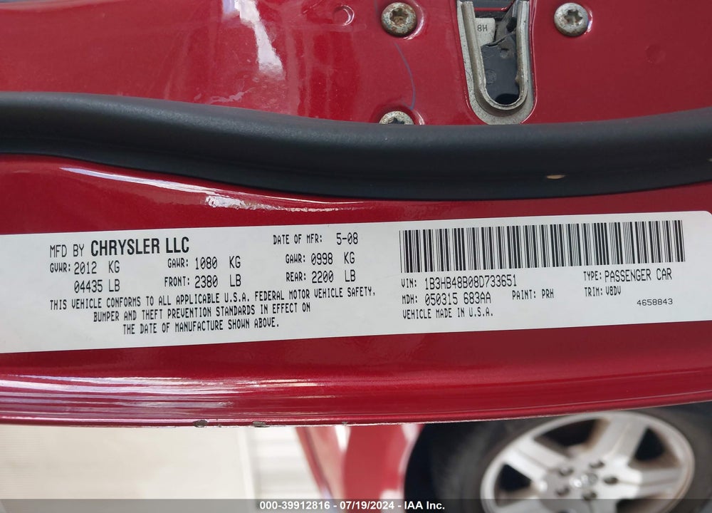 2008 DODGE CALIBER SXT VIN: 1B3HB48B08D733651
