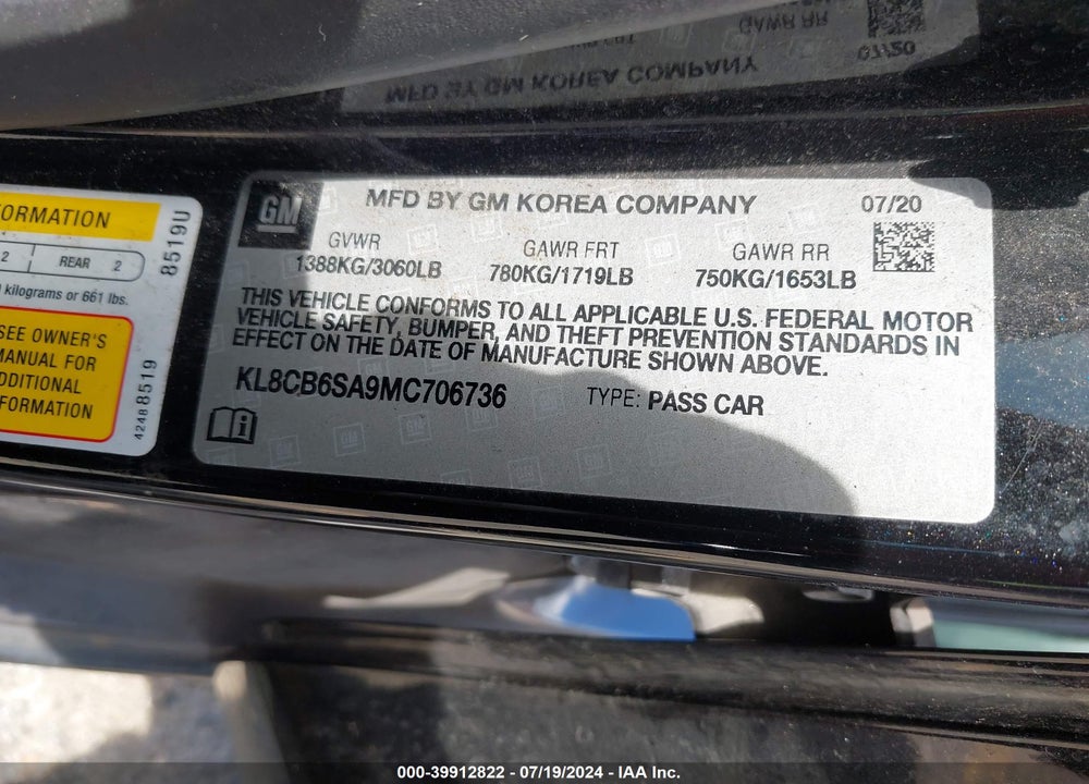 2021 CHEVROLET SPARK FWD LS AUTOMATIC VIN: KL8CB6SA9MC706736