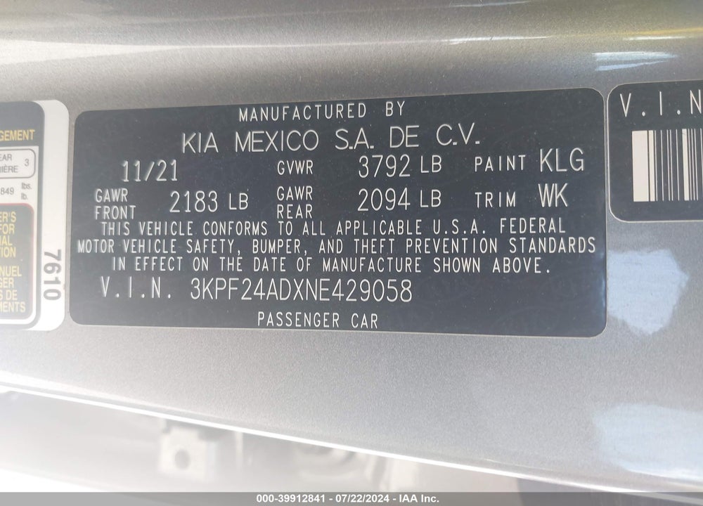 2022 KIA FORTE LXS VIN: 3KPF24ADXNE429058
