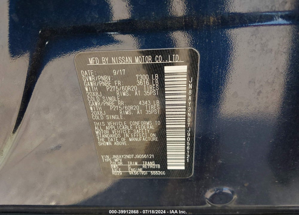 2018 NISSAN ARMADA SL VIN: JN8AY2ND7J9056121