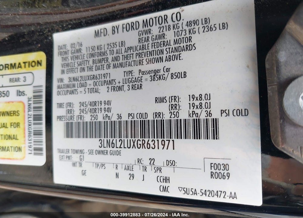 2016 LINCOLN MKZ HYBRID VIN: 3LN6L2LUXGR631971