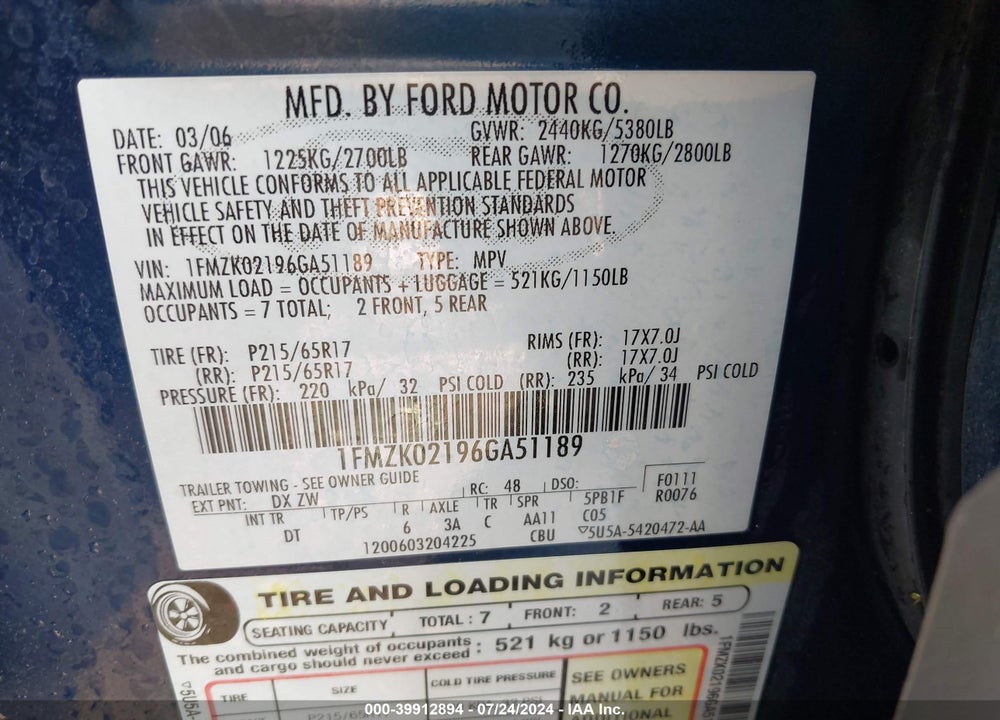 2006 FORD FREESTYLE SEL VIN: 1FMZK02196GA51189