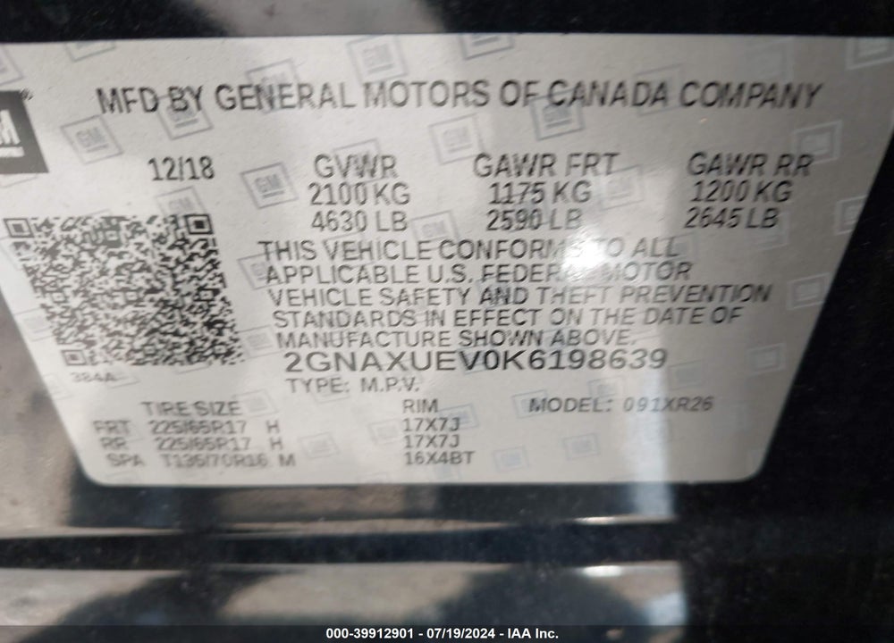 2019 CHEVROLET EQUINOX LT VIN: 2GNAXUEV0K6198639