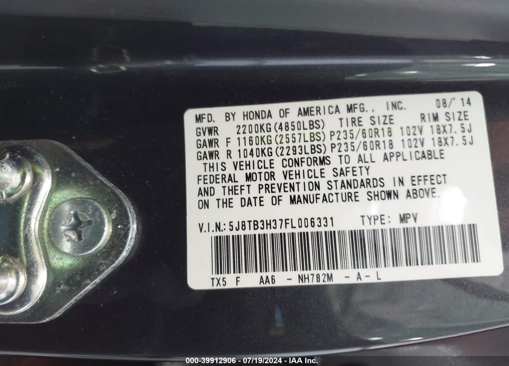 2015 ACURA RDX VIN: 5J8TB3H37FL006331
