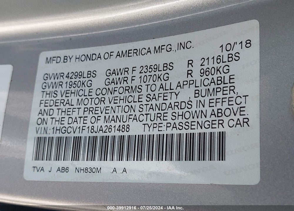 2018 HONDA ACCORD LX VIN: 1HGCV1F18JA261488