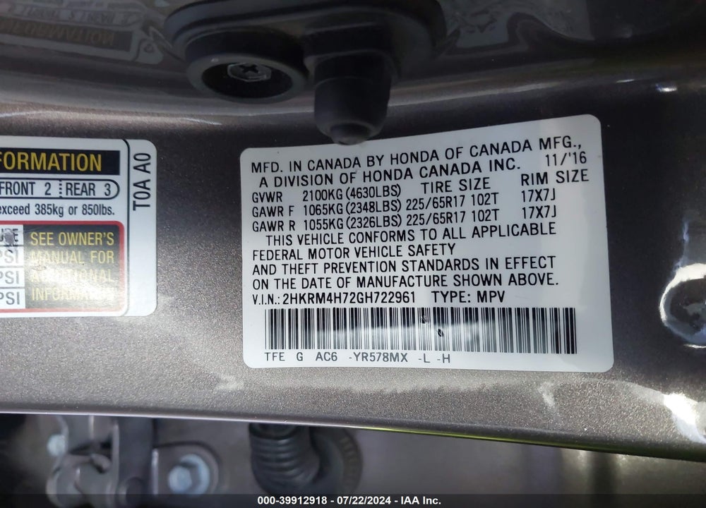 2016 HONDA CR-V EX-L VIN: 2HKRM4H72GH722961