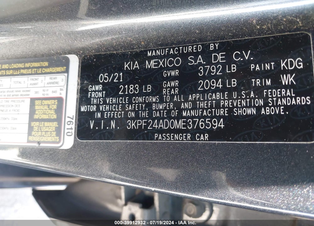 2021 KIA FORTE LXS VIN: 3KPF24AD0ME376594