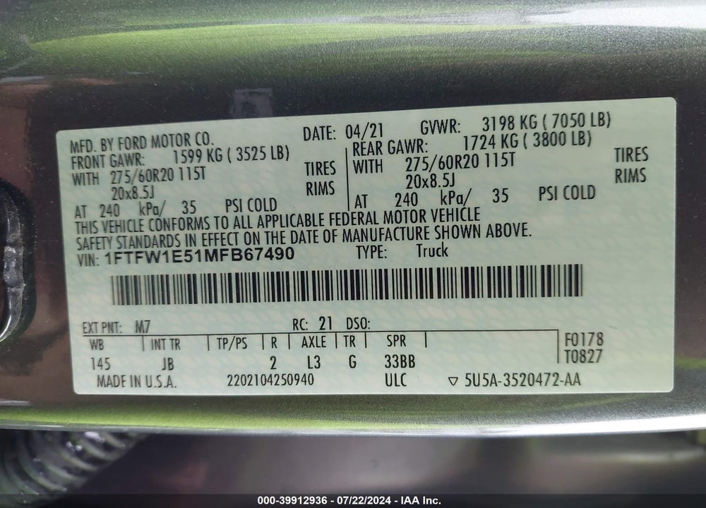 2021 FORD F-150 XL VIN: 1FTFW1E51MFB67490