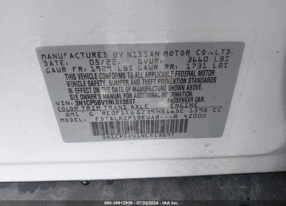 2022 NISSAN KICKS S XTRONIC CVT VIN: 3N1CP5BV1NL513897