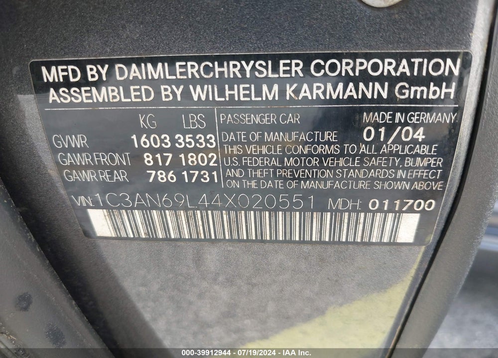 2004 CHRYSLER CROSSFIRE VIN: 1C3AN69L44X020551