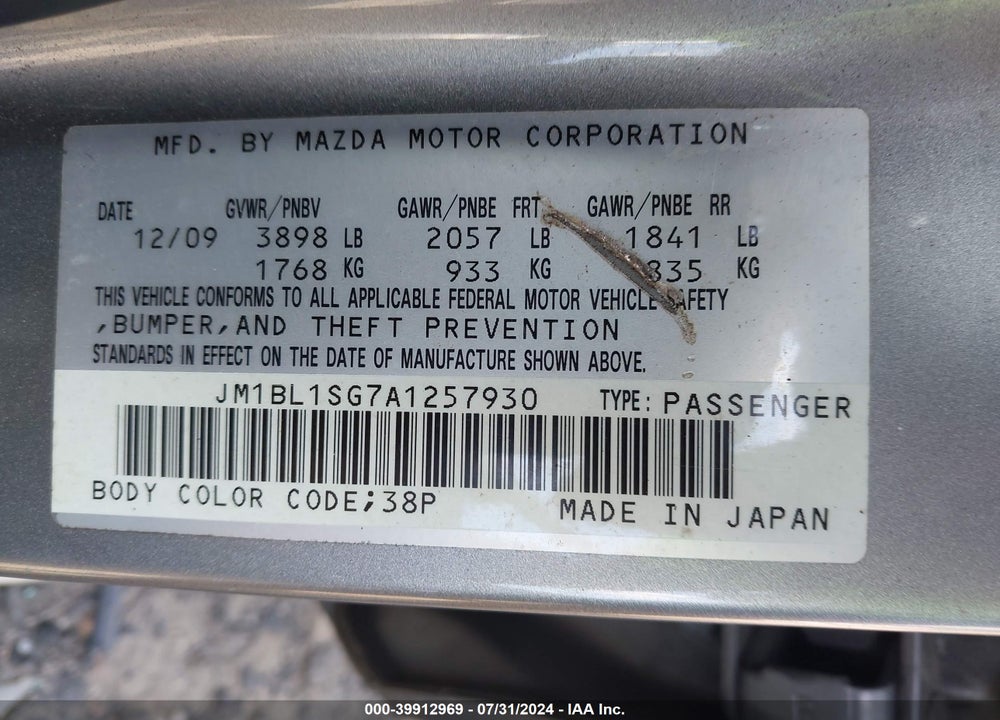 2010 MAZDA 3 I SPORT VIN: JM1BL1SG7A1257930