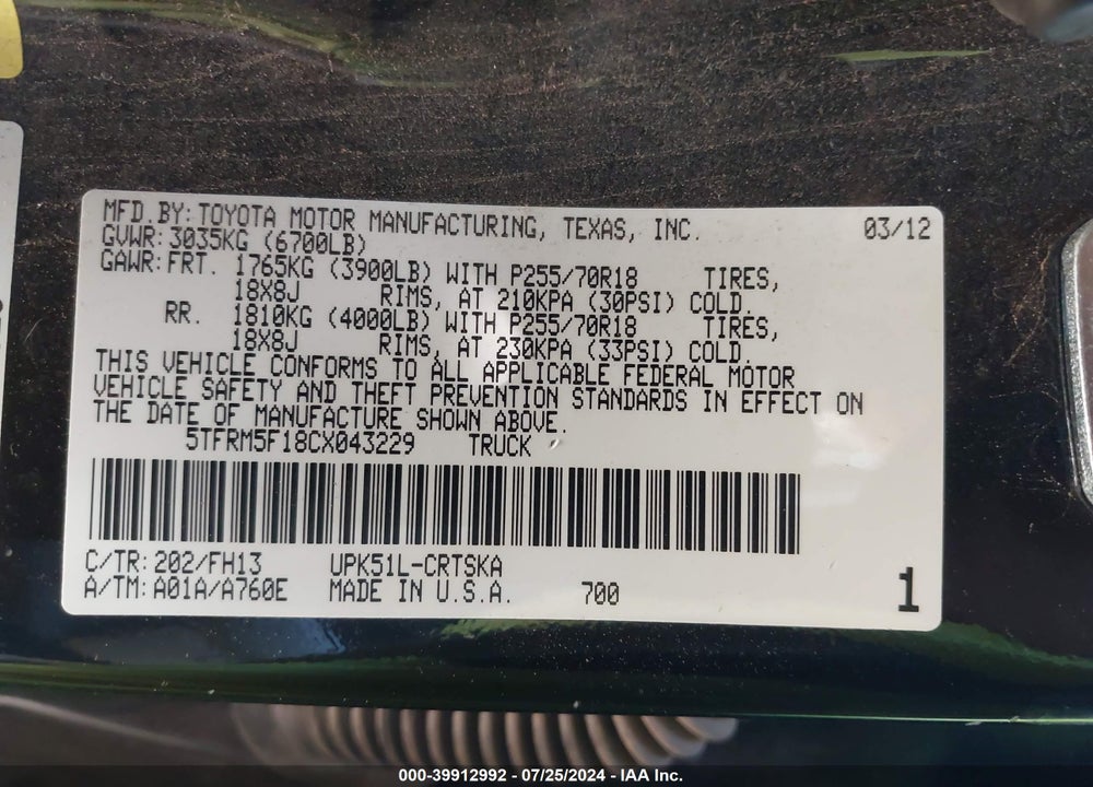 2012 TOYOTA TUNDRA GRADE 4.6L V8 VIN: 5TFRM5F18CX043229