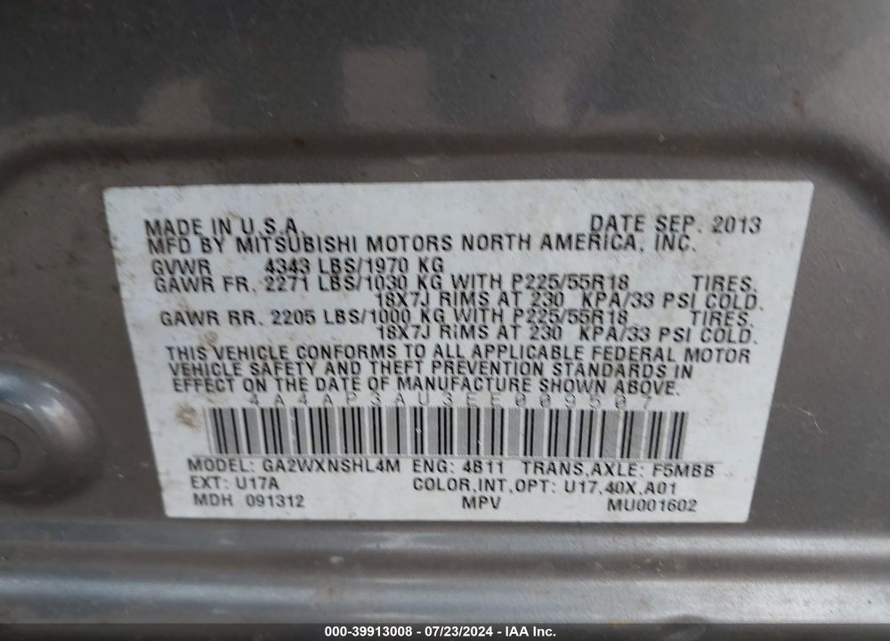 2014 MITSUBISHI OUTLANDER SPORT ES VIN: 4A4AP3AU3EE009507