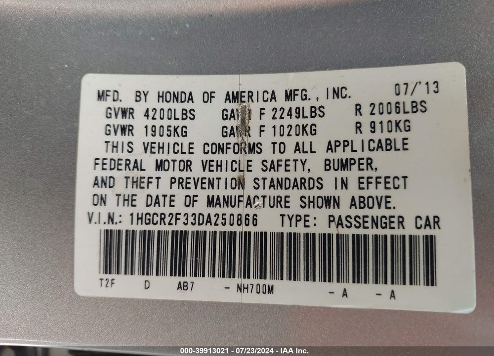 2013 HONDA ACCORD LX VIN: 1HGCR2F33DA250866