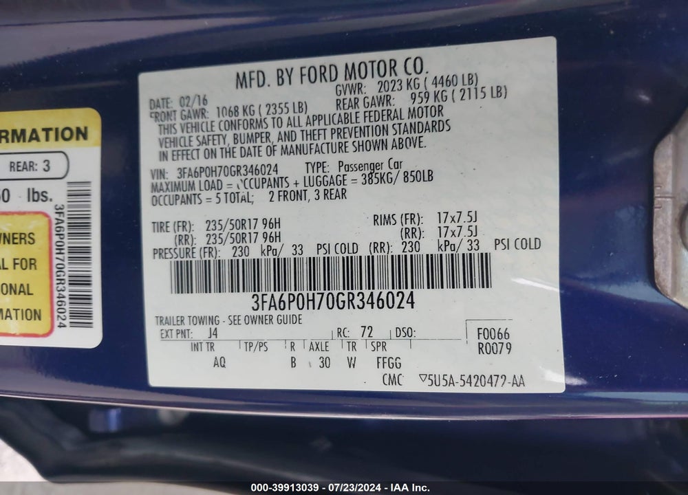 2016 FORD FUSION SE VIN: 3FA6P0H70GR346024