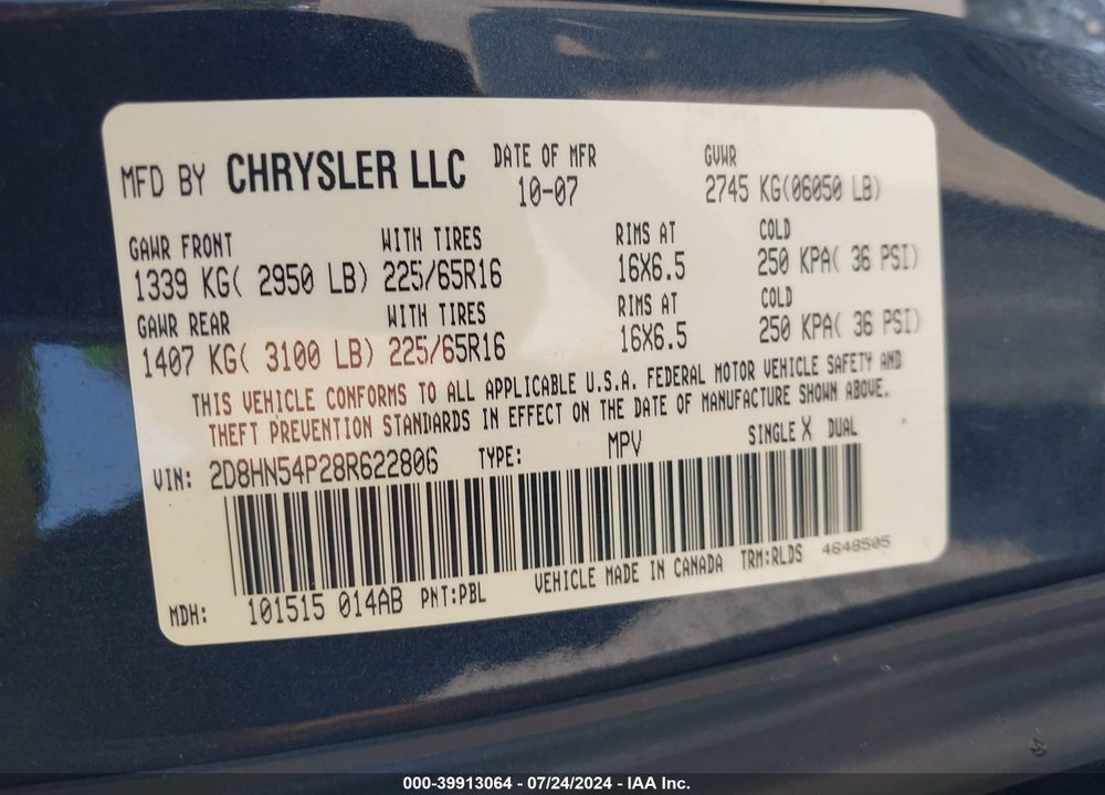 2008 DODGE GRAND CARAVAN SXT VIN: 2D8HN54P28R622806