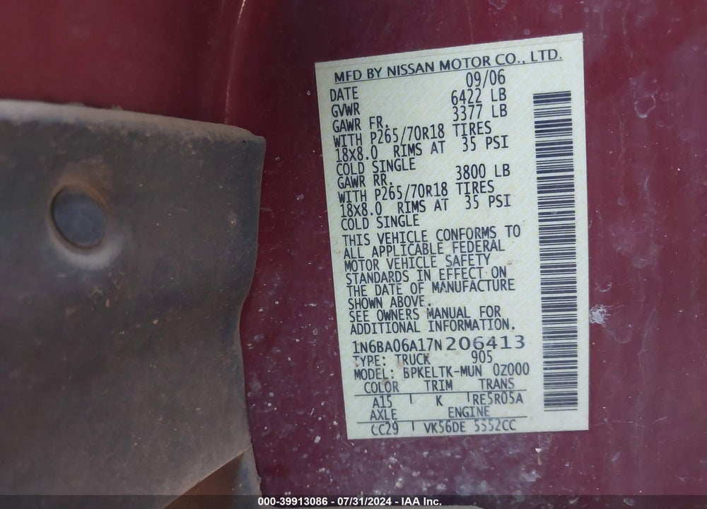 2007 NISSAN TITAN SE VIN: 1N6BA06A17N206413