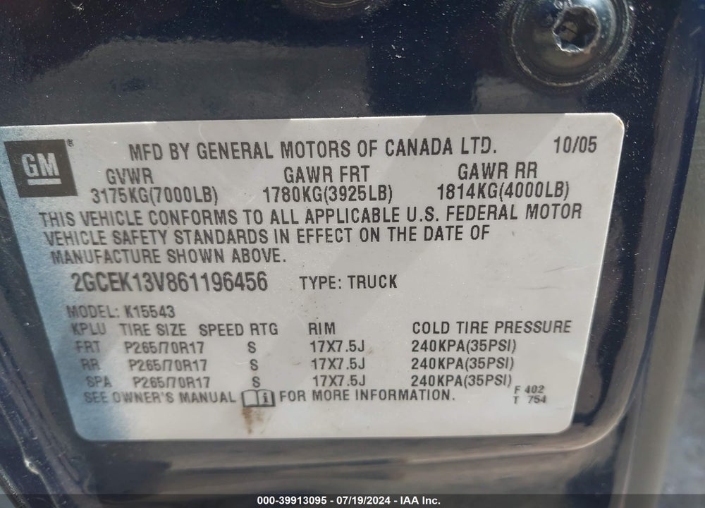 2006 CHEVROLET SILVERADO 1500 VIN: 2GCEK13V861196456
