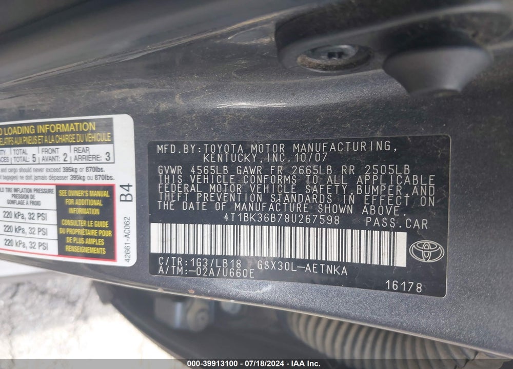 2008 TOYOTA AVALON TOURING VIN: 4T1BK36B78U267598