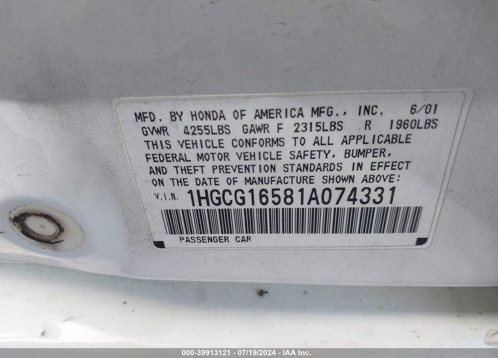 2001 HONDA ACCORD 3.0 EX VIN: 1HGCG16581A074331