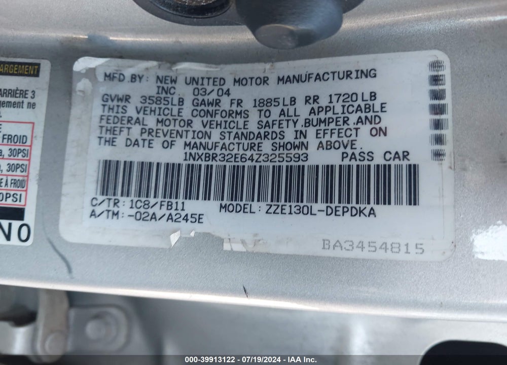2004 TOYOTA COROLLA CE VIN: 1NXBR32E64Z325593