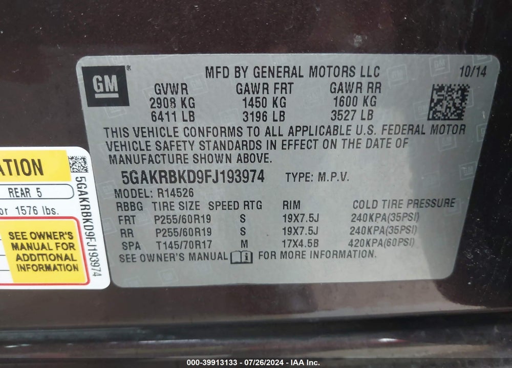 2015 BUICK ENCLAVE VIN: 5GAKRBKD9FJ193974