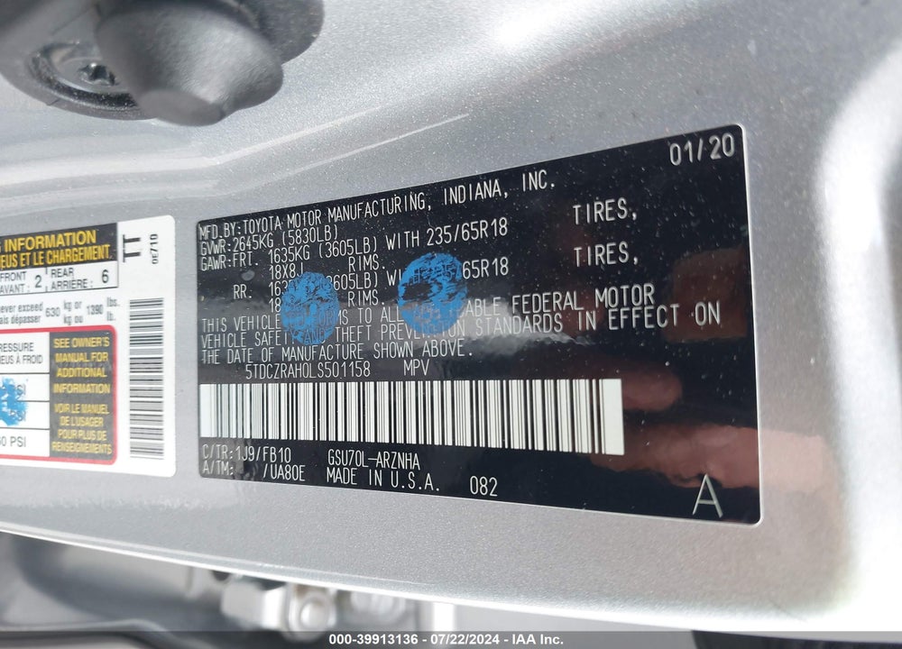 2020 TOYOTA HIGHLANDER L VIN: 5TDCZRAH0LS501158