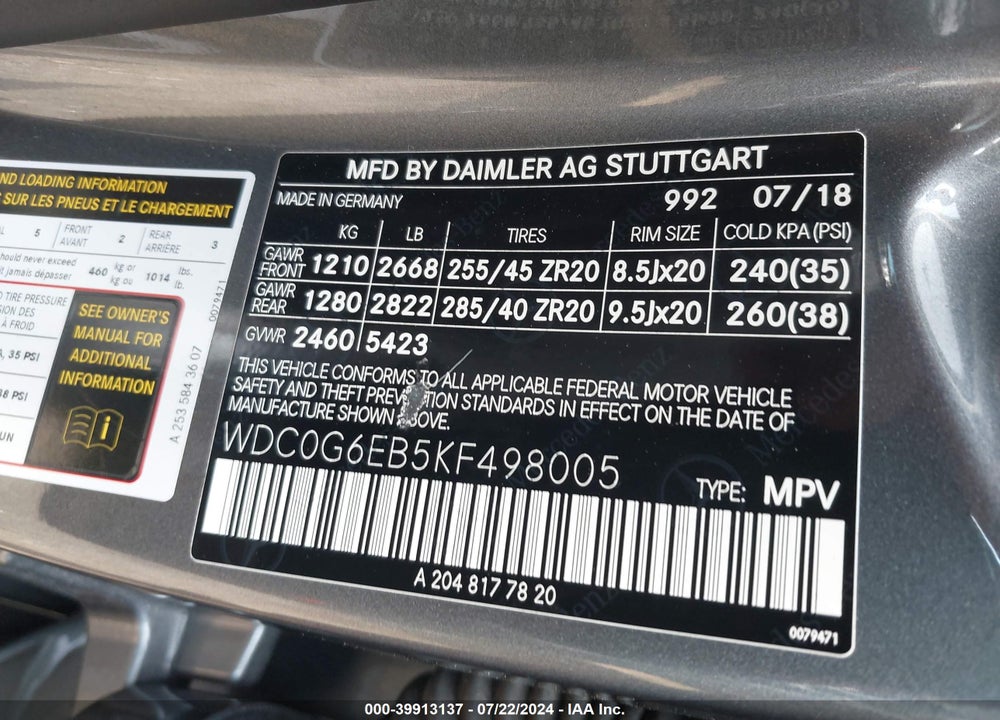 2019 MERCEDES-BENZ AMG GLC 43 4MATIC VIN: WDC0G6EB5KF498005