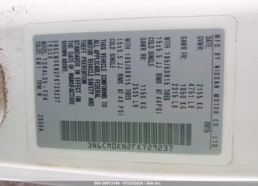 2015 NISSAN NV200 S VIN: 3N6CM0KN2FK729237